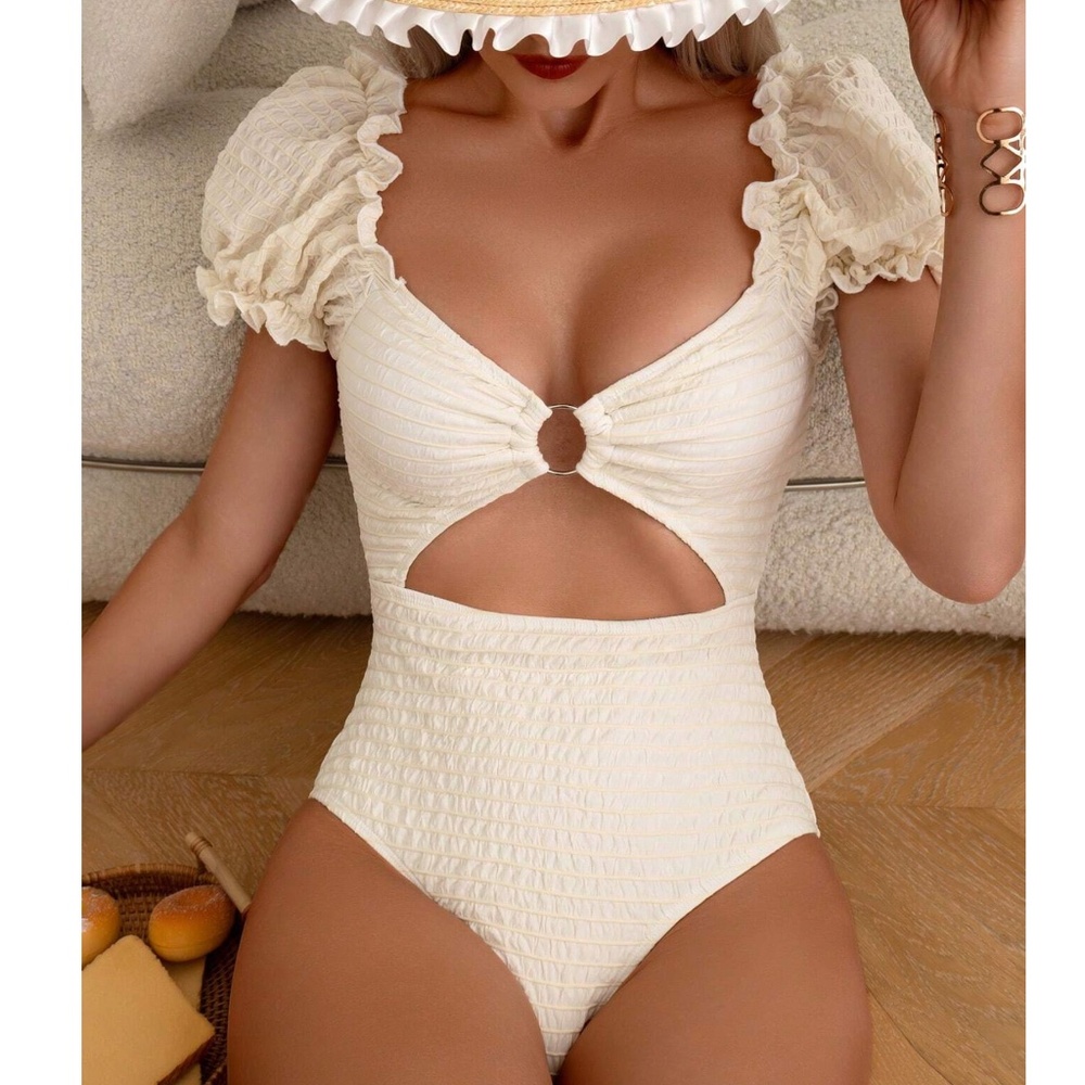 Boho Scoop Neck Puff Sleeve Cut out One Piece Swimsuit Monokini - Picture 2 of 8